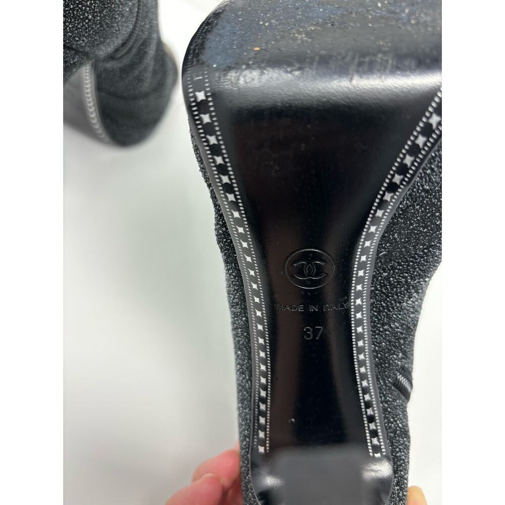 CHANEL Black Grey Glitter Leather Heel Booties Size 37 CC Logo - Picture 6 of 9
